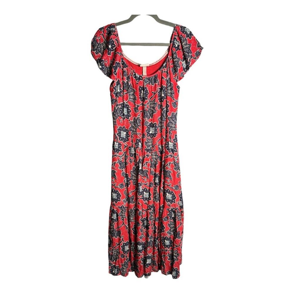 Knox Rose Red Navy Blue Floral Midi Dress Flutter Sleeves XS